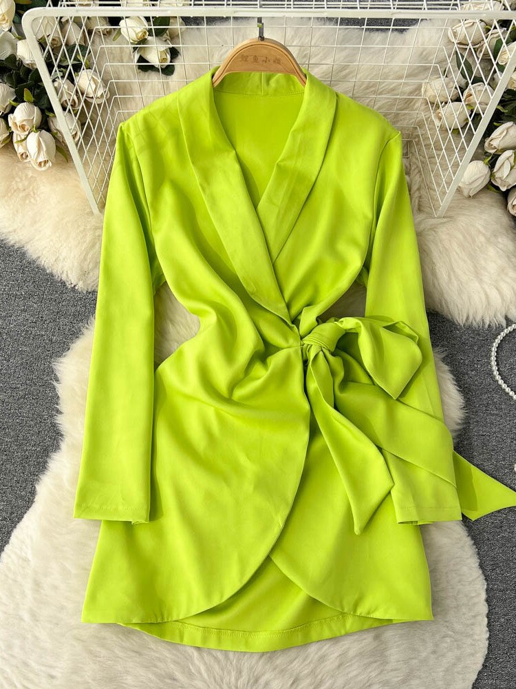 Notched Collar Long Sleeve Bow-tied Sash A-line Casual Office Lady Short Dress