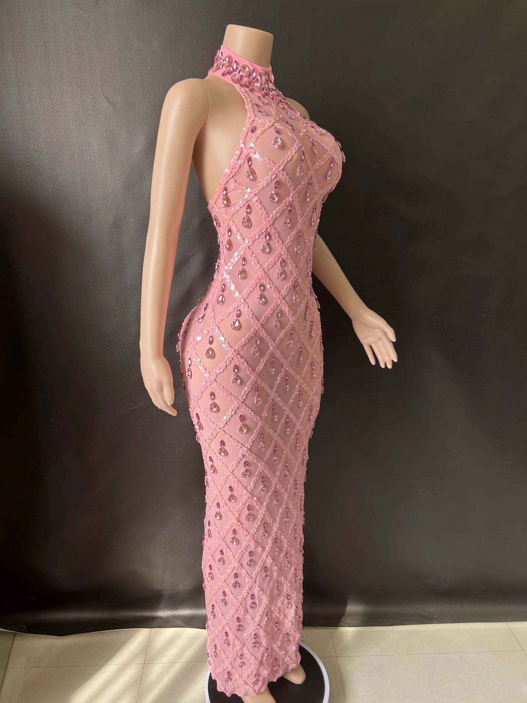 Prom Birthday Dress Transparent Rhinestone Sequins Dress