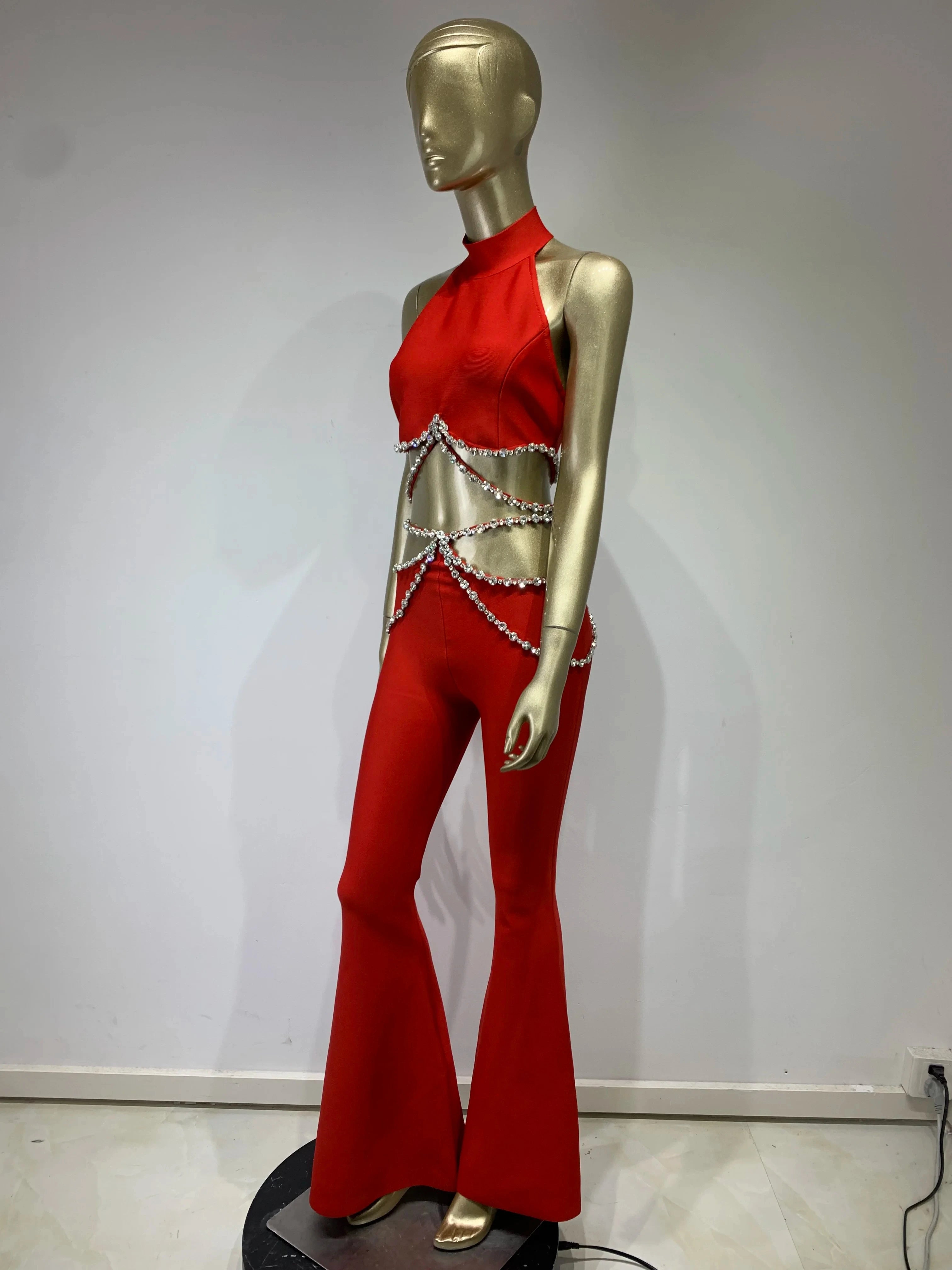 Luxury Sexy Cut Out Sleeveless Beading Flare Bandage Pants Set Elegant Evening Jumpsuit