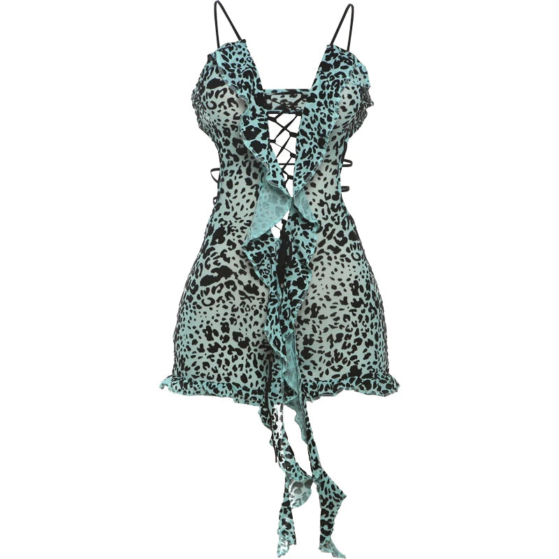 Leopard Print V-Neck Tassel Backless Playsuits