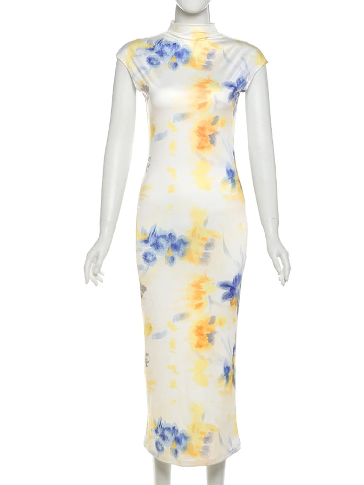 Tie-Dye Print Turtleneck Short Sleeve Stretch Tight Maxi Bodycon Dress