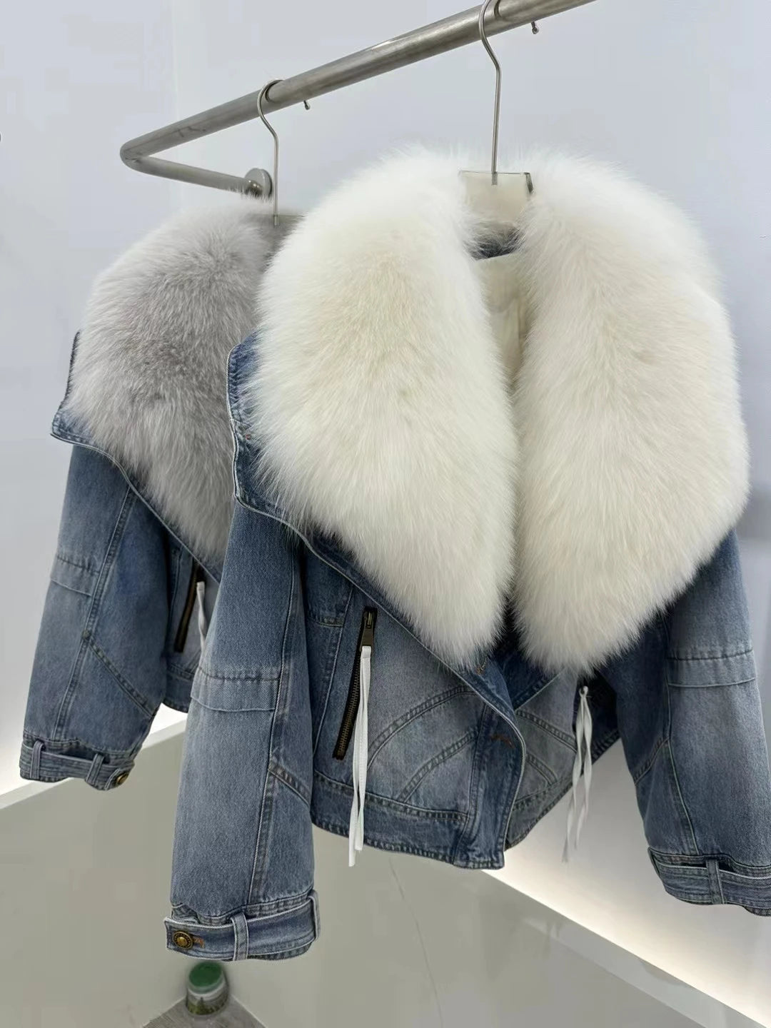 Denim Big White Fox Fur Collar Detachable Goose Down Filling Inner Lining High-End Jacket