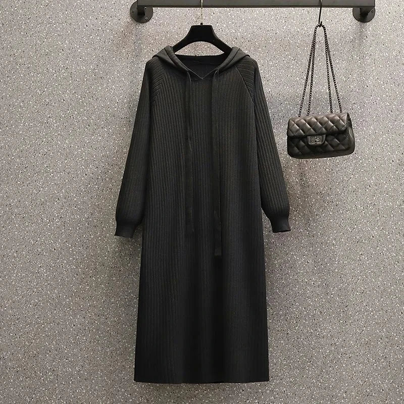 Casual V-neck Knitted Maxi Dress Elegant Ribbed Long Sleeve Hooded Dress