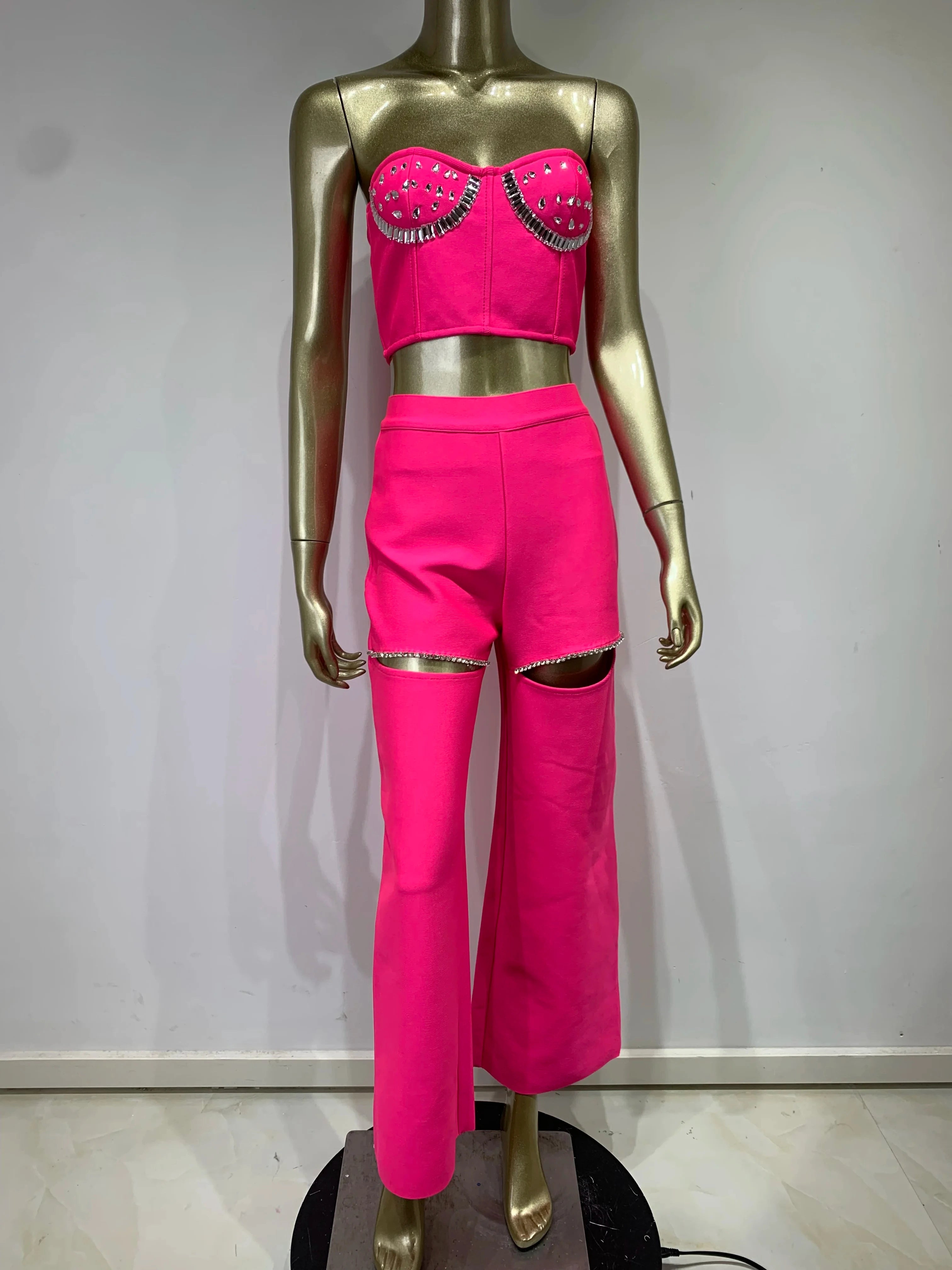 Strapless Backless Cut Out Pink Beading Bandage Pants and Top Set