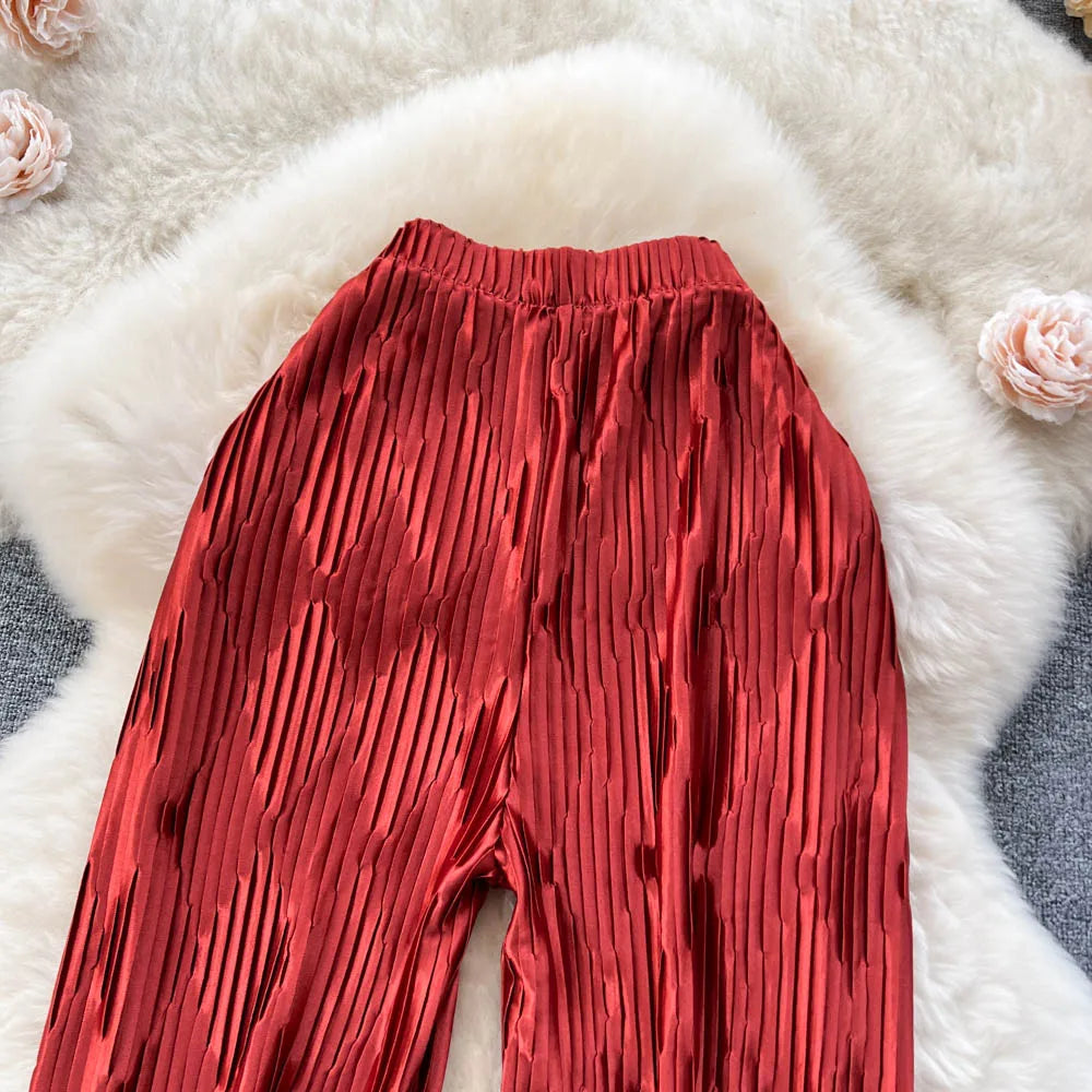 Pleated Vintage Striped Long High Waist Wide Leg Trousers