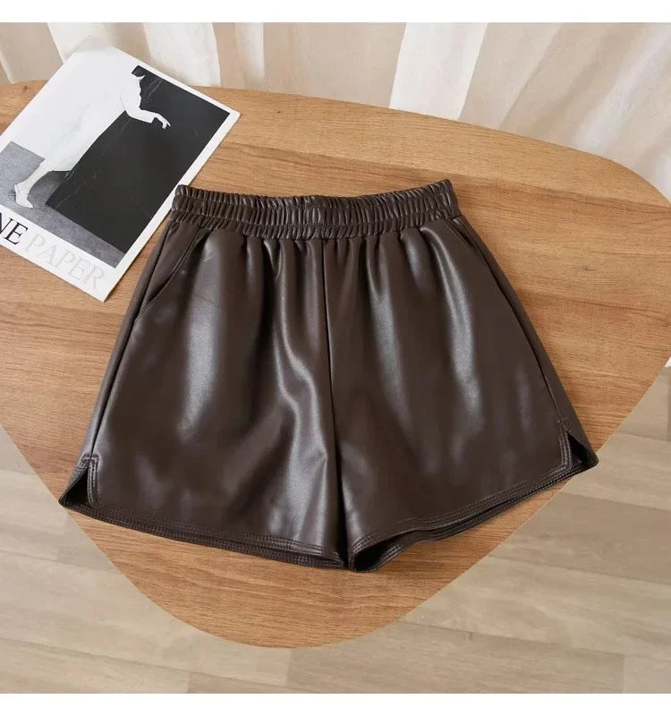 Casual High-waist Loose-fit Leather Shorts