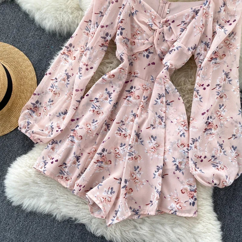 V-neck Puff Sleeves Folds Slim Floral Wide-leg Playsuit Jumpsuit