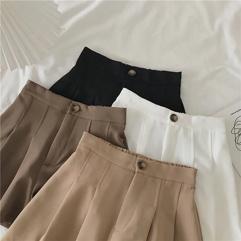 Casual Simple Korean Fashion Elastic High Waist Pleated Shorts