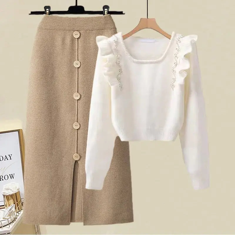 French Elegant Pearl Ruffle Beaded Sweater Top Knitted Shirt Split Half Skirt Two Piece Sets