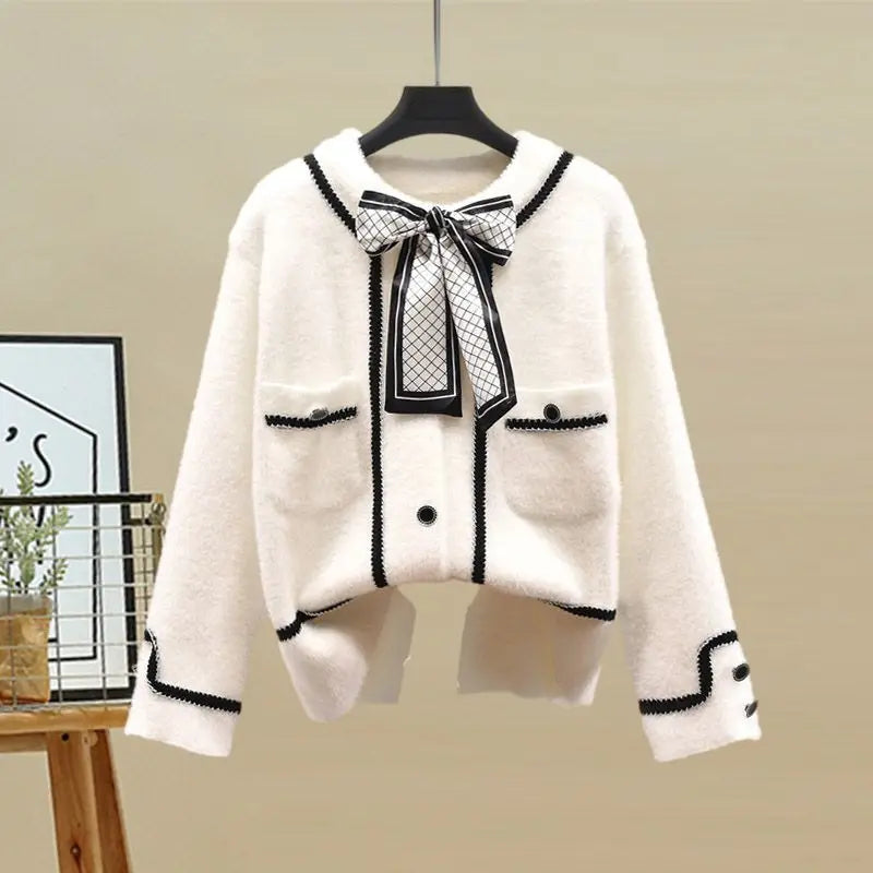 Bow Tie Cardigan Plaid Skirt Two-piece Set