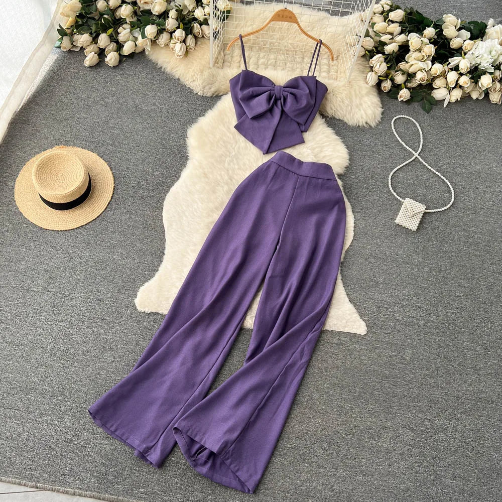 Bow Strap Top+High Waist Casual Wide Leg Long Pants Two piece Set