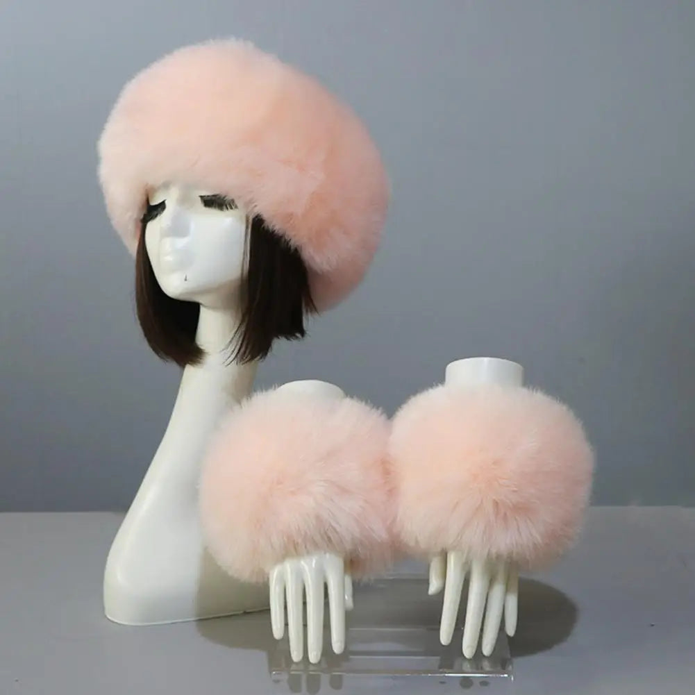 Fluffy Faux Fur Empty Top Soft Keep Warm Elastic Cozy Hat Cuffs Set for Outdoor