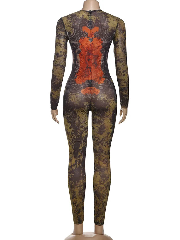 Tight o-Neck Full Sleeve Skinny Peach Hip Wild Style Overalls Jumpsuit