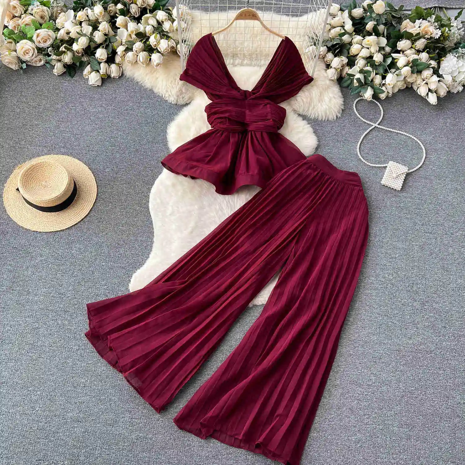 High End Elegant Pleated Sleeveless Chiffon Top+High Waist Wide Leg Pants Two Piece Set