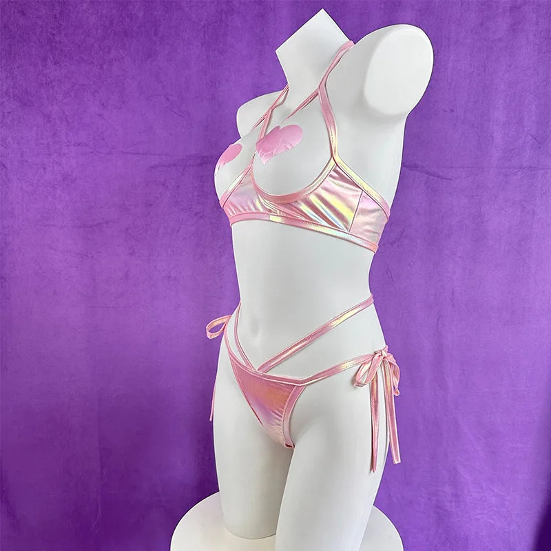 Anime Bunny Pink Laser Patent Leather Bikini Rabbit Costume