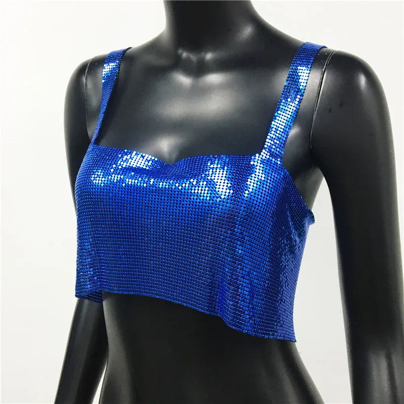 Bling Metallic Sequin Crop Top y2k Backless Straps Cropped Top