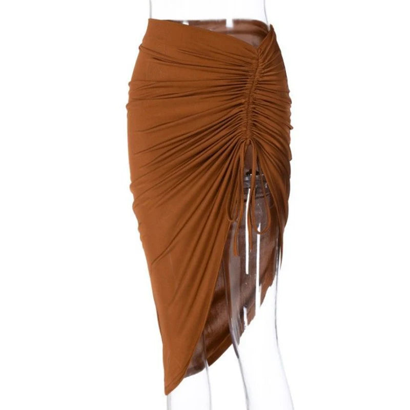 Draped Irregular Lace up Drawstring Folds Midi Skirt