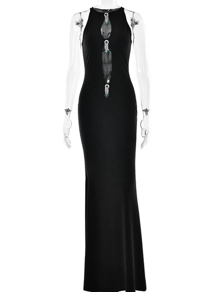 Sleeveless High Waist Hollow Out Pearl Tassel Maxi Dress