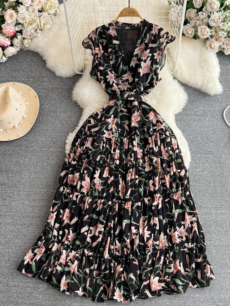 Chiffon Vintage Elegant V-Neck Dress