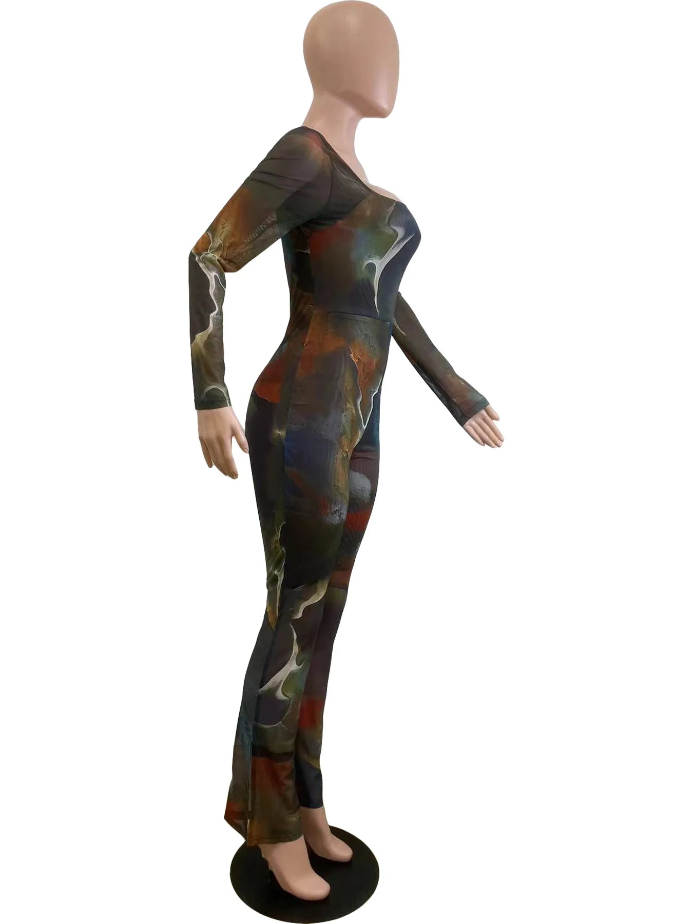 Tie Dye Print Mesh Long Sleeve Bodycon Overalls Jum[psuit