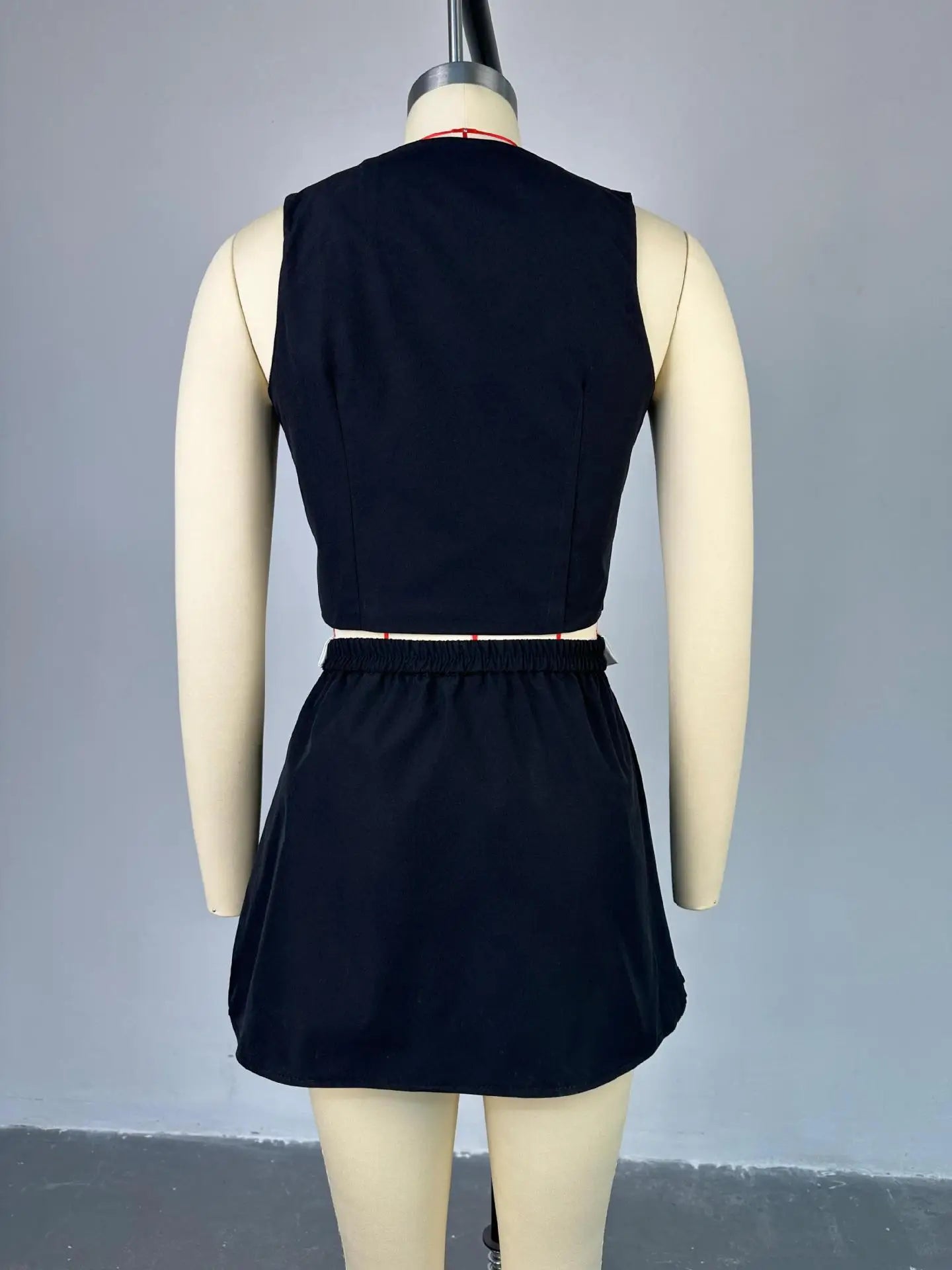 Two Piece Set Elegant V-neck Sleeveless Button Vest Tops+Pleat Mini Skirt Suit