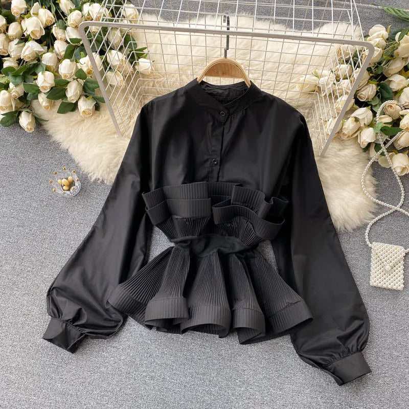 Puff Sleeve Pleated Ruffle Elegant Patchwork y2k Blouse