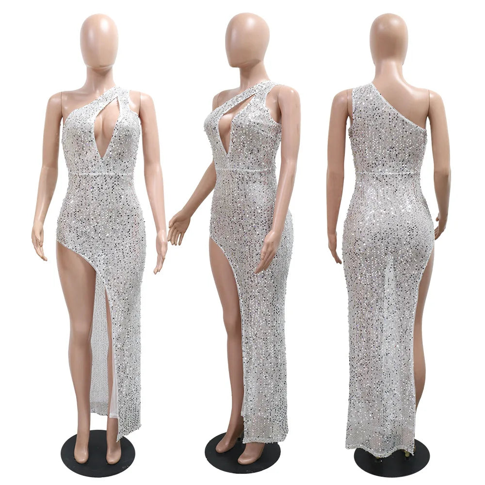 Sequined Sleeveless Cut Out One Shoulder High Split Midi Long Maxi Dress