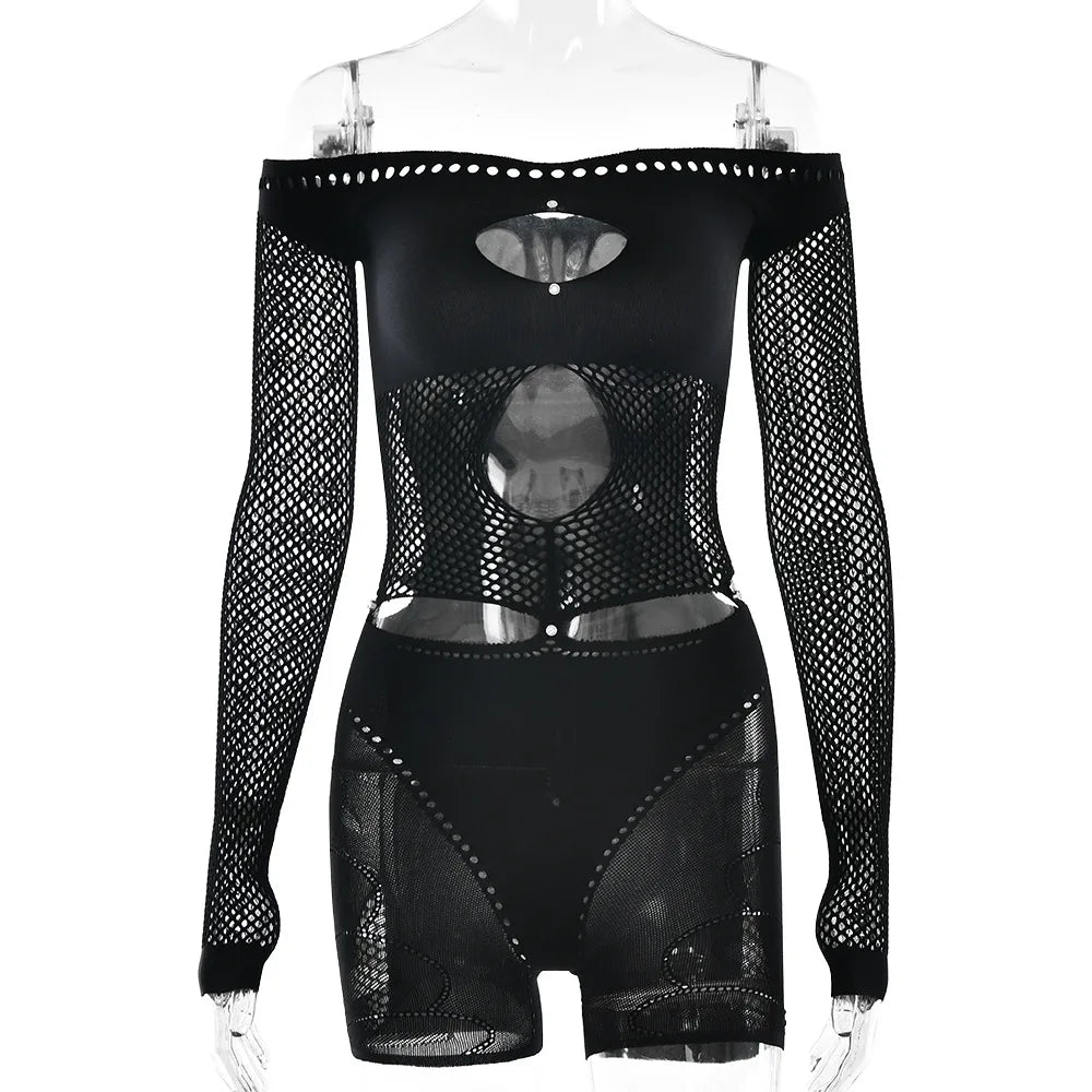 Hollow See Through Strapless Off Shoulder Full Sleeve One Piece Rompers