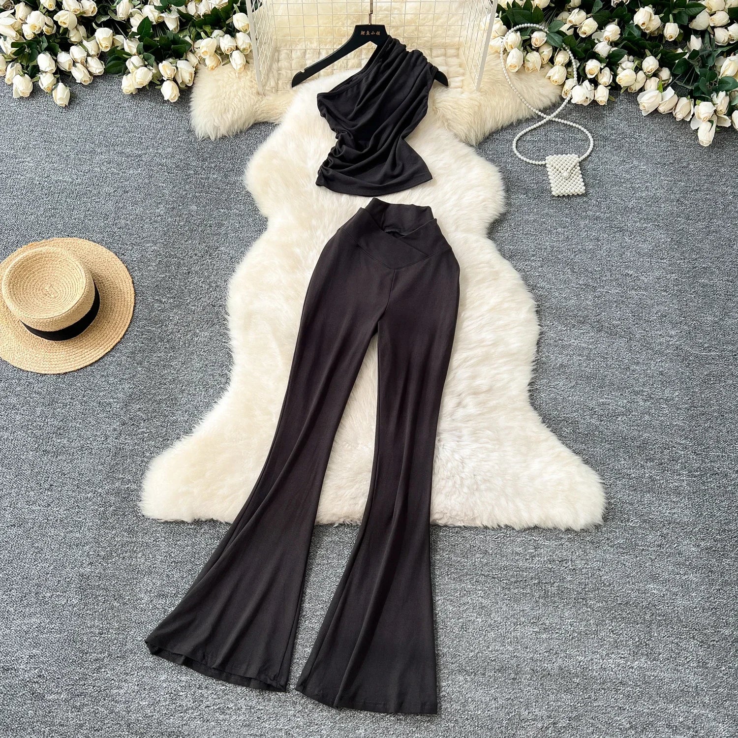 Chic Vintage Diagonal Collar Sleeveless Pleated Top and High Waist Flare Pants Two Piece Set