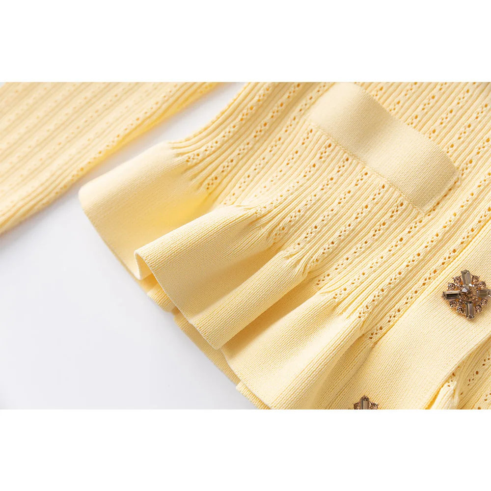 Knitted Elastic Button V-neck Long Sleeved Cardigan Slim Fit Fishtail Skirt Two Piece Set