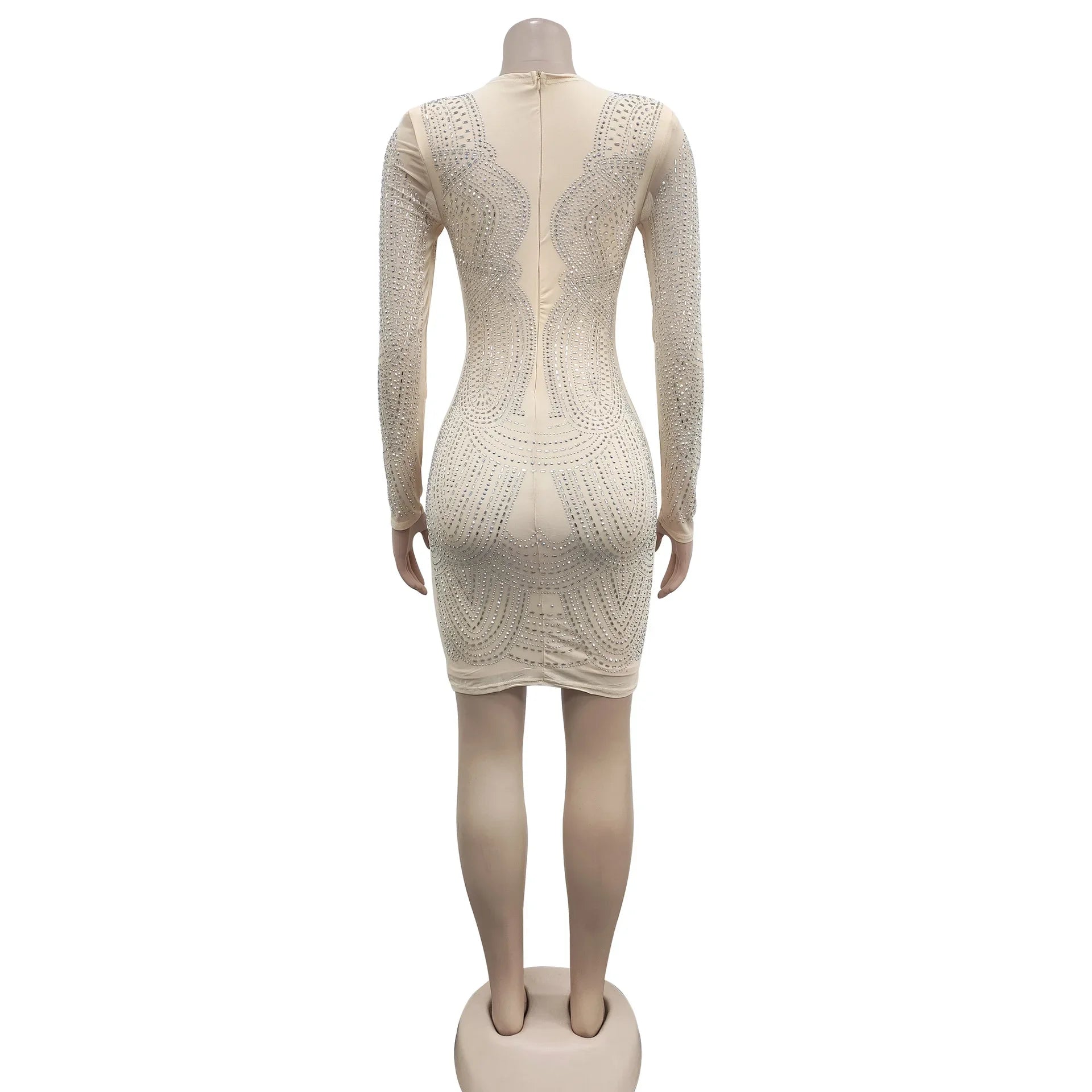 Diamond Mesh Bandage O Neck Long Sleeve Bodycon Mini Dress