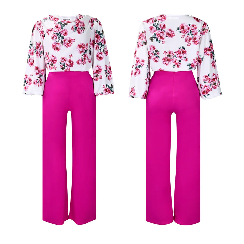 Two Piece Sets Slim Fit Print Floral Round Neck Lantern Sleeve Elegant Splice Wide Leg Long Pants