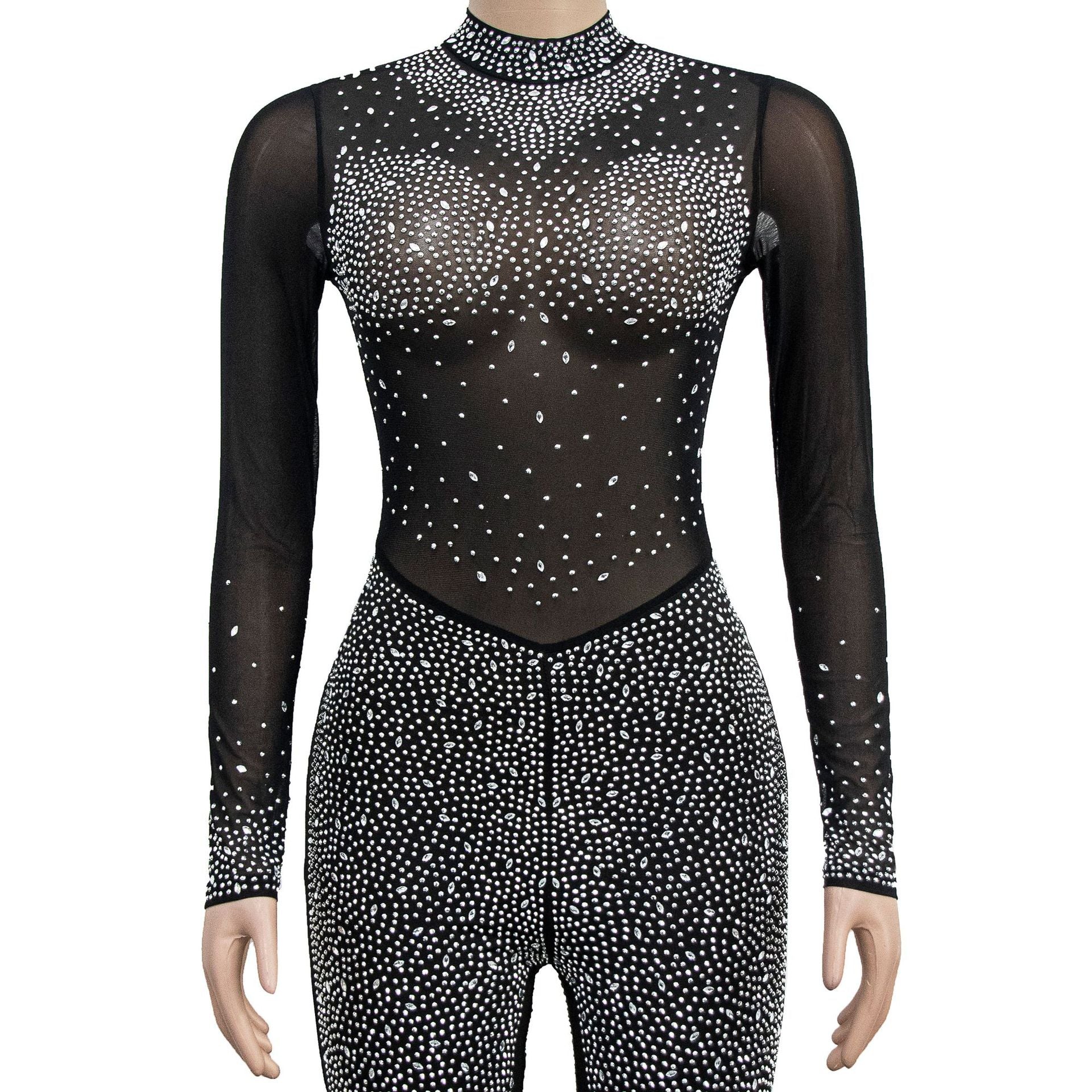 Sheer Mesh Rhinestone Bodycon Jumpsuit