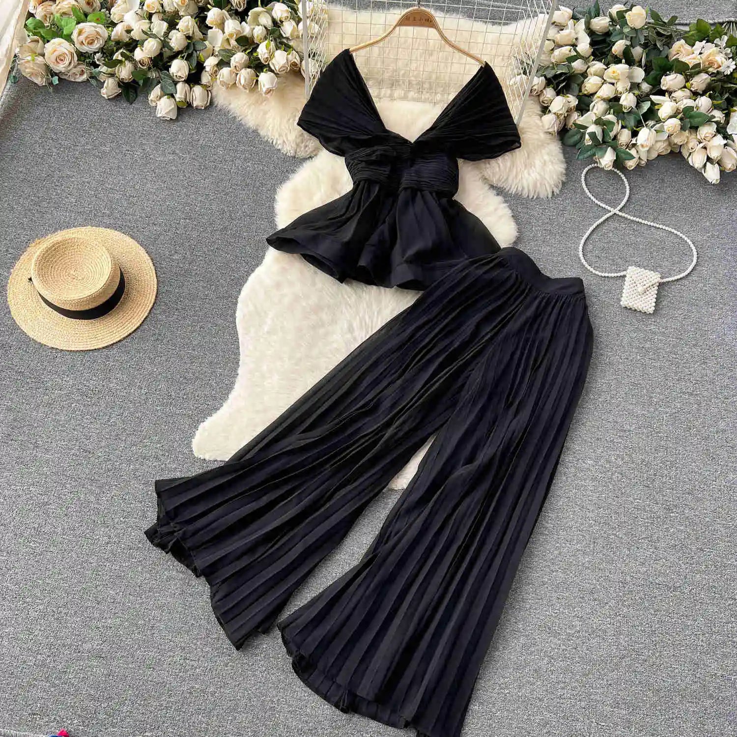 High End Elegant Pleated Sleeveless Chiffon Top+High Waist Wide Leg Pants Two Piece Set