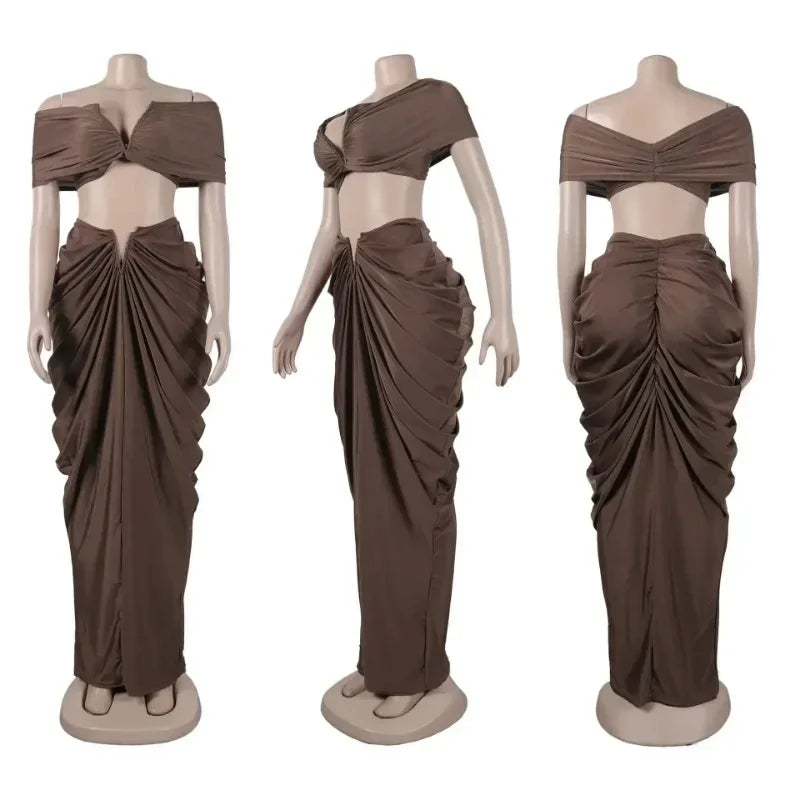 Stacked Ruched Off Shoulder Crop Top and Low Waist Maxi Long Skirts Two Piece Sets