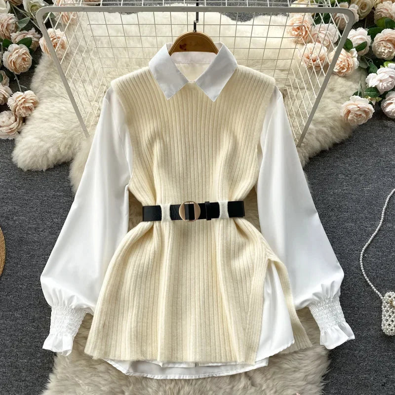 Luxury Style Loose-fit Long Sleeve White Shirt Side Slit Knit Vest 2-piece Set