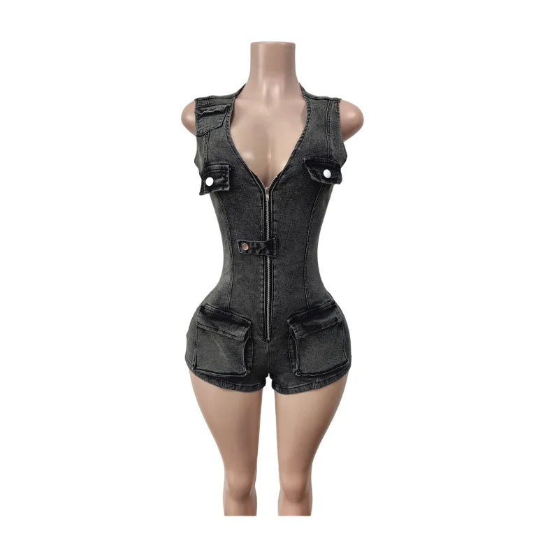 Sleeveless Denim Short Demin Jumpsuit