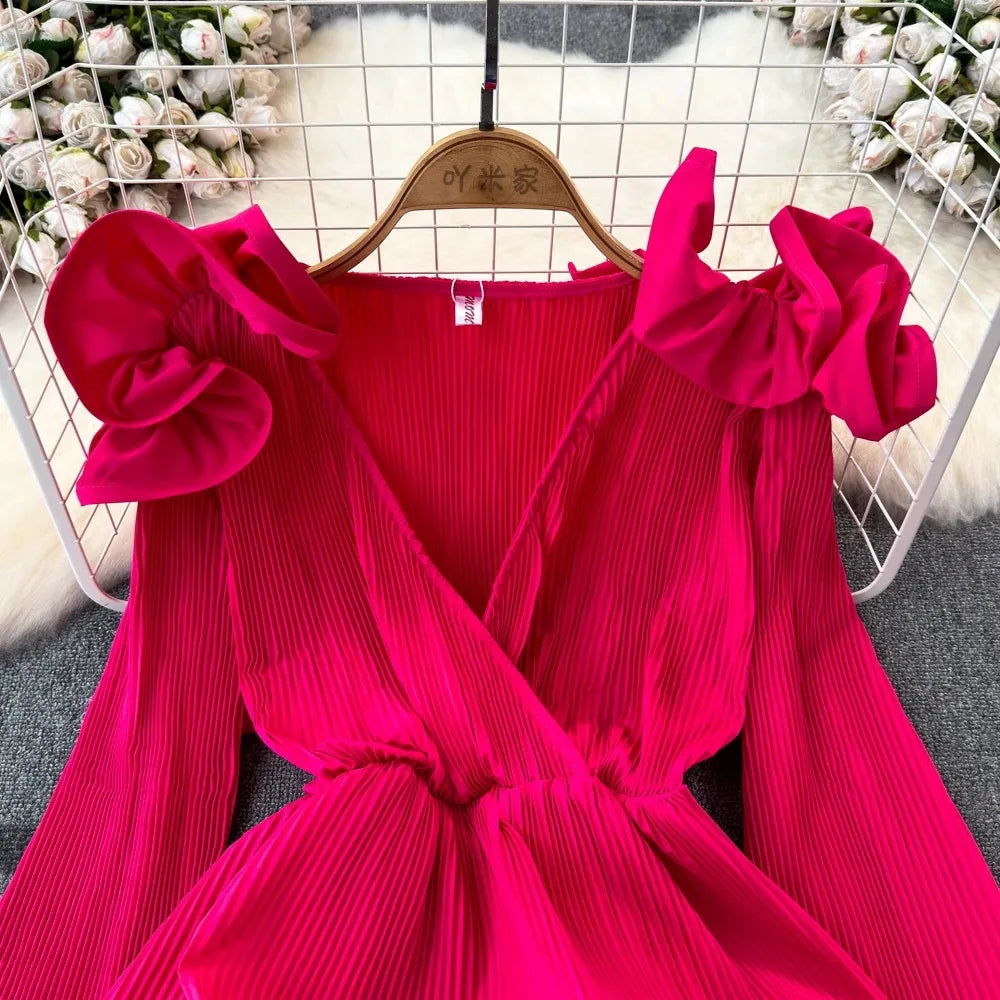 Long Sleeve Pleated V-Neck Flower Ruffles Blouse