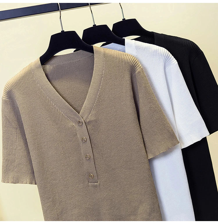 Short-sleeved V-Neck Basic Cotton Pullover Vest T-shirt