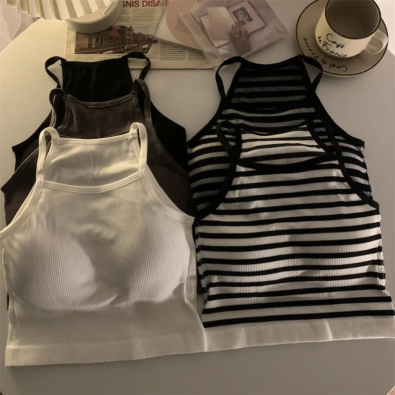 Casual Fashion Crop Top with Chest Pad Stripe Sleeveless Outer Wear Basic Camisole