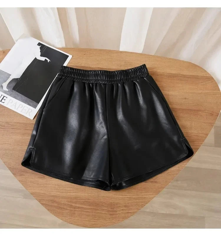 Casual High-waist Loose-fit Leather Shorts