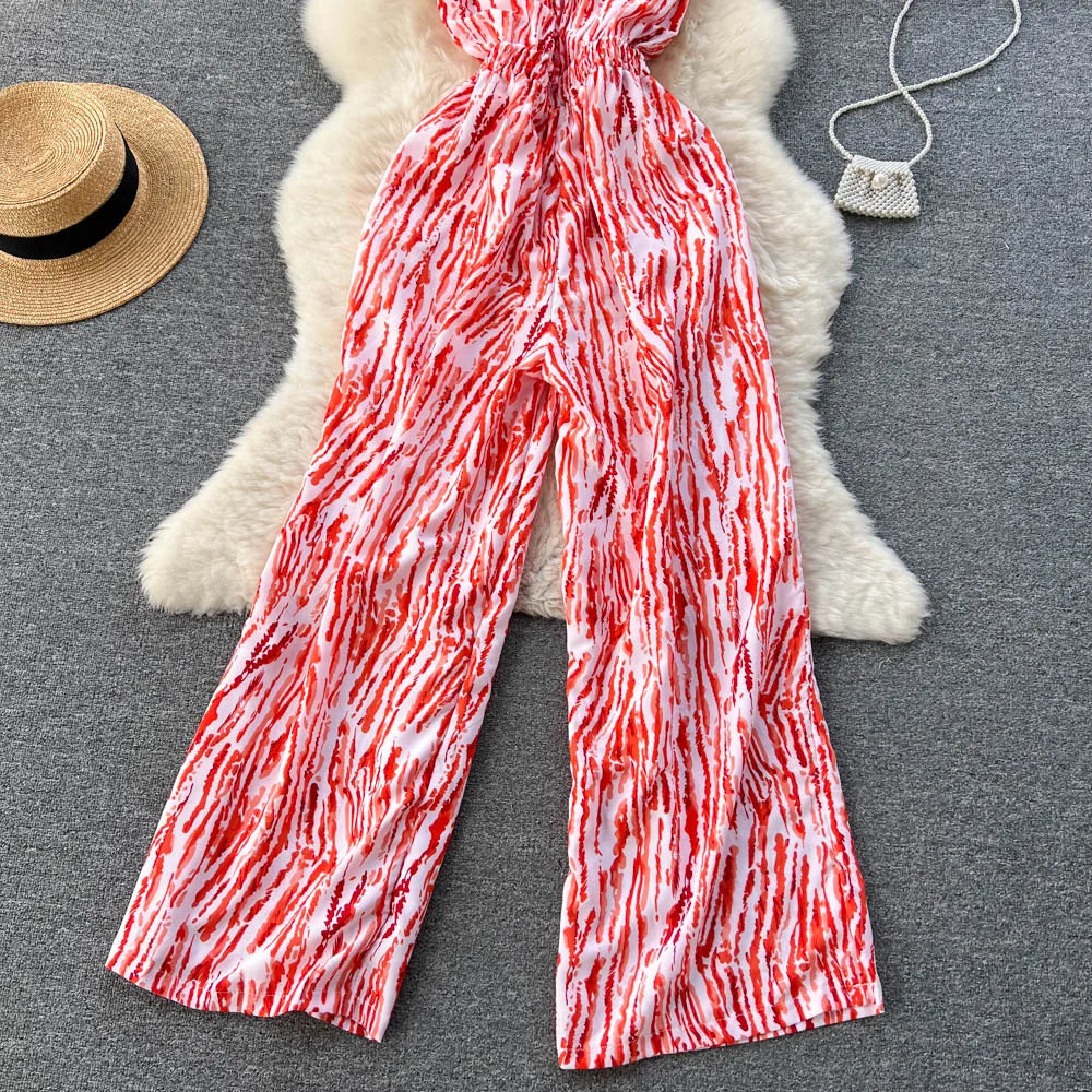 Halter Strapless Backless Loose Wide Legs Pants Beach Style Striped Jumpsuits