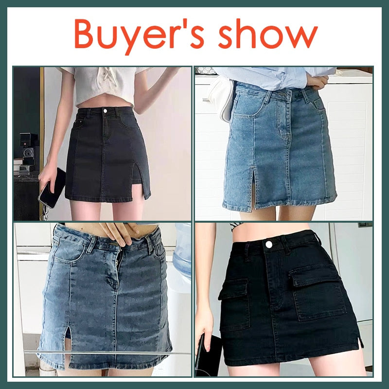 Korean split high waist thin denim skirt