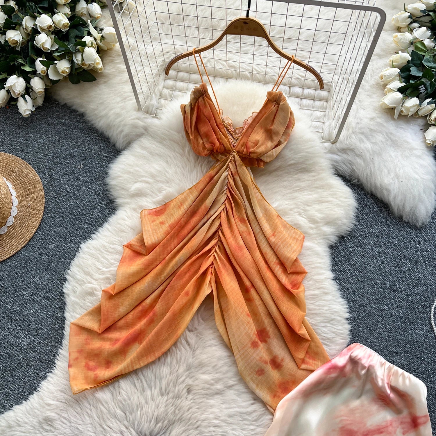 Backless Irregular Chic Tops+Skinny Satin Long Skirt Two Piece Set