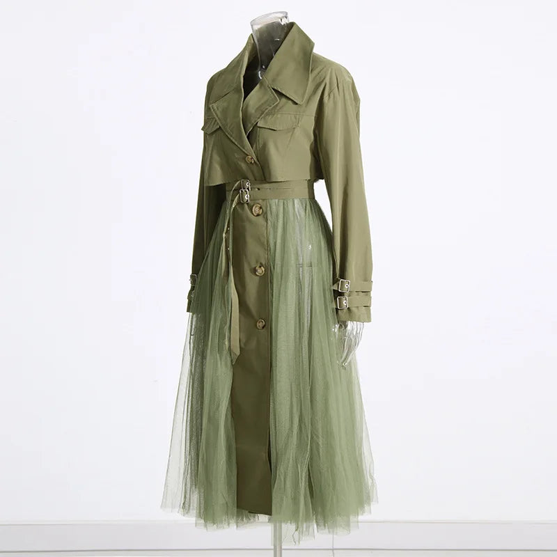 Loose Mesh Stitching Casual High Waist Long Trench Coat