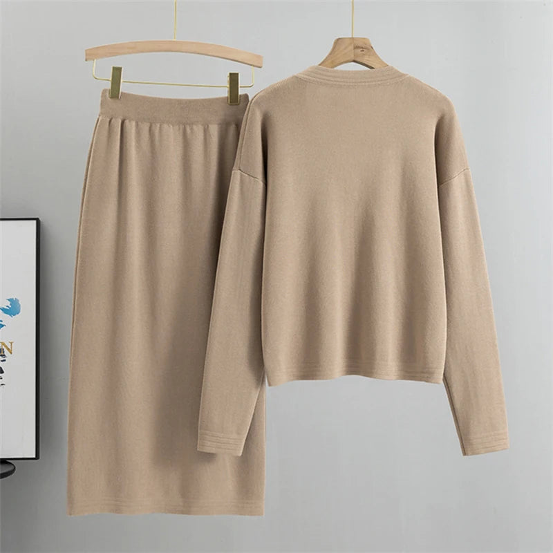 Single Breasted Short Knit Tops Suits High Waist Bodycon Skirts Sets