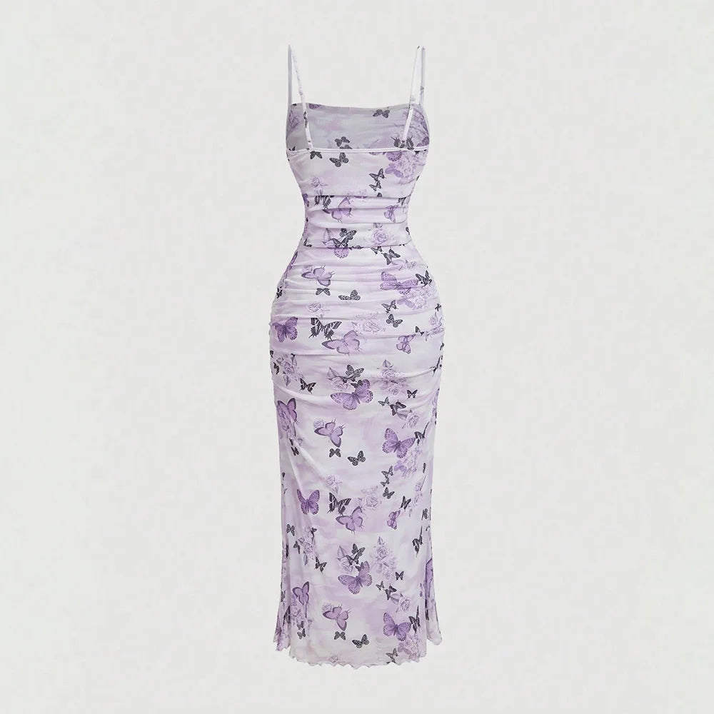 Graphic Print Sleeveless Square Neck Folds Skinny Fit Milkmaid Dress