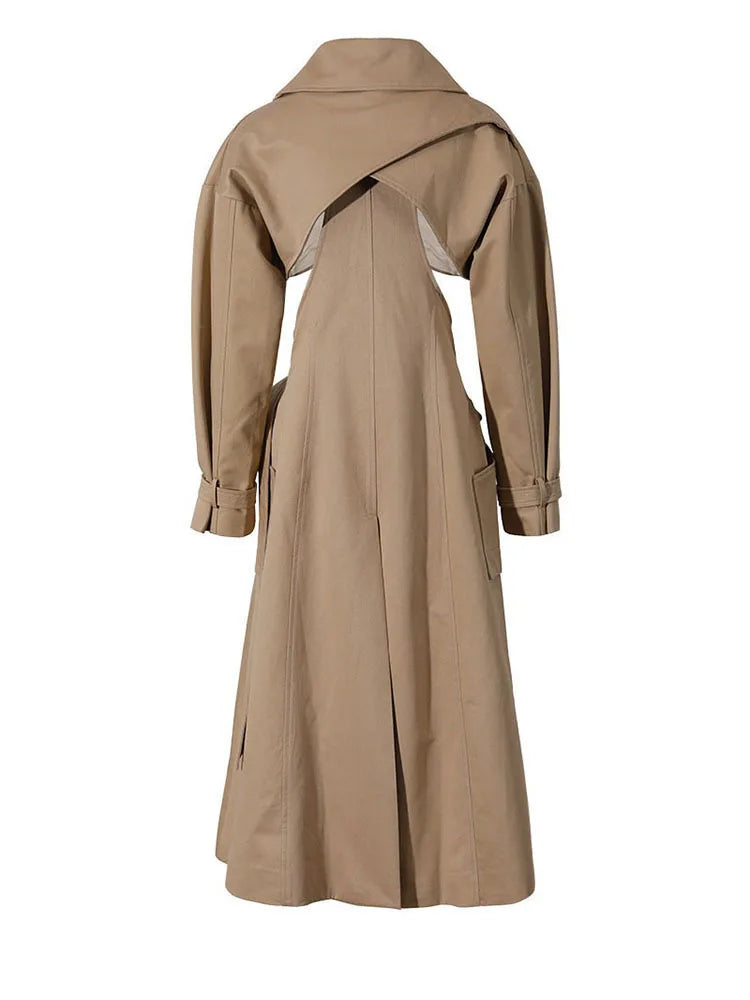 Cut-out Big Size Camel Long Trench Lapel Loose Fit Windbreaker