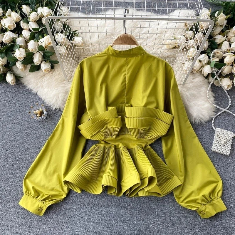 Puff Long Sleeve Pleated Ruffle Y2k Top Blouse