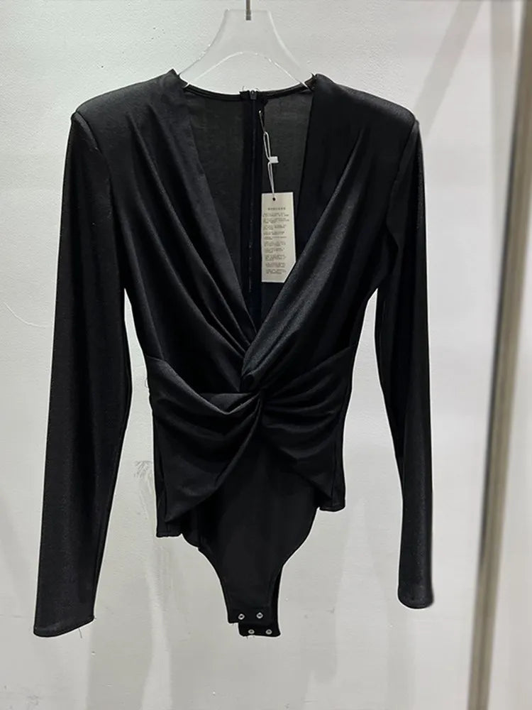 Solid Folds Twist V Neck Long Sleeve High Waist Slim Blouse